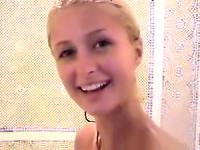 The Paris Hilton sex tape shows her naked in the bathroom.