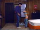 A guy is talking to a very small redheaded woman. She takes her bathrobe off and reveals her blue undies and stockings. The she lies down on the bed and spreads her legs as far as she can so the guy can climb on top and fuck her.