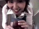 An Asian girl is shown round the house by a guy. They end up in the bathroom where the girl gets on her knees and gets his cock out. She sucks it long enough for him to come in her mouth. A little later she spits his sperm into her hand.