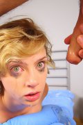 Wide eyed teenie swallows cock until she gags
